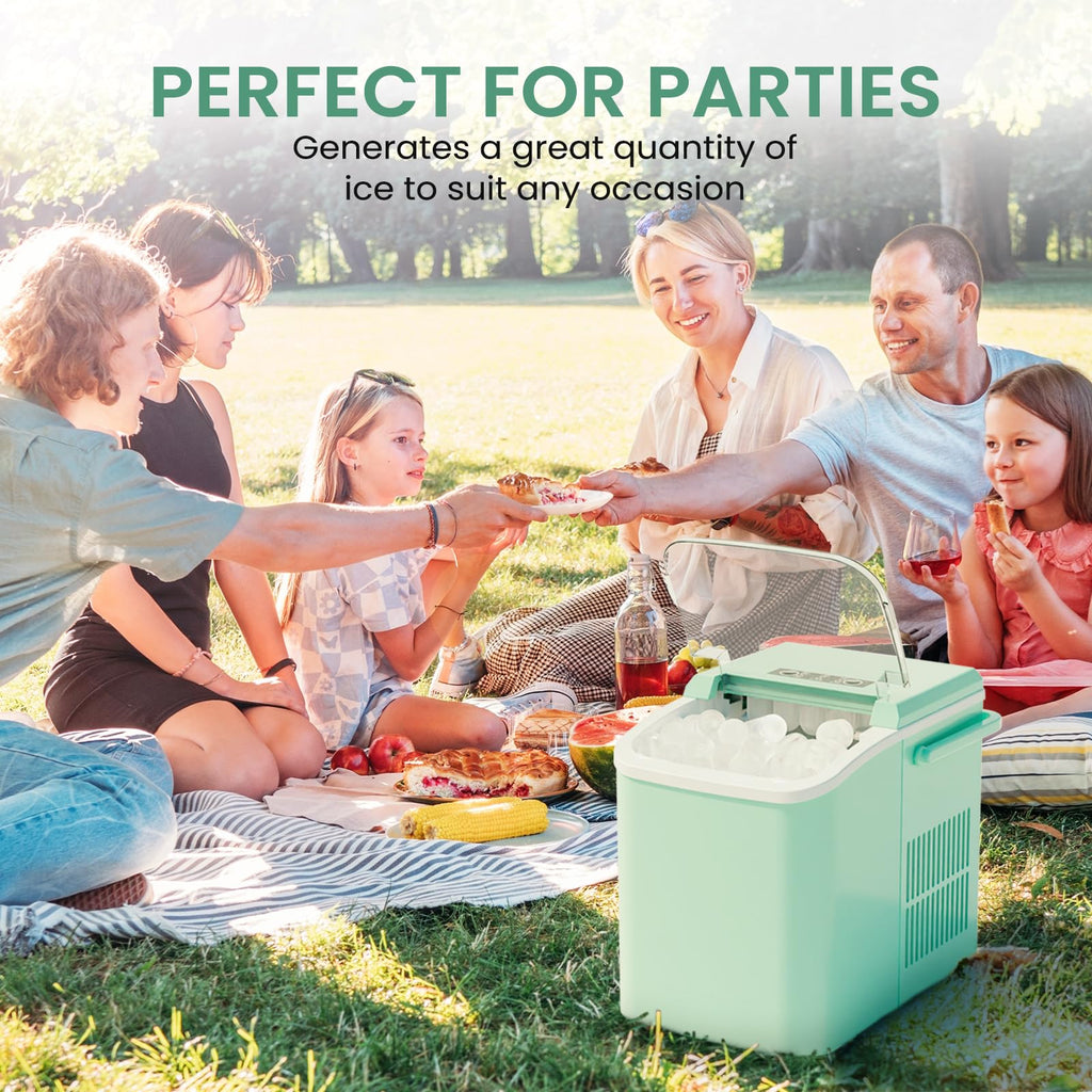 Ice Makers Countertop, Portable Ice Machine with Handle, 6 Mins 9 Bullet Cubes with Basket and Scoop, 26lbs in 24Hrs, Auto-Cleaning, for Home, Kitchen, RV, Camping, Green