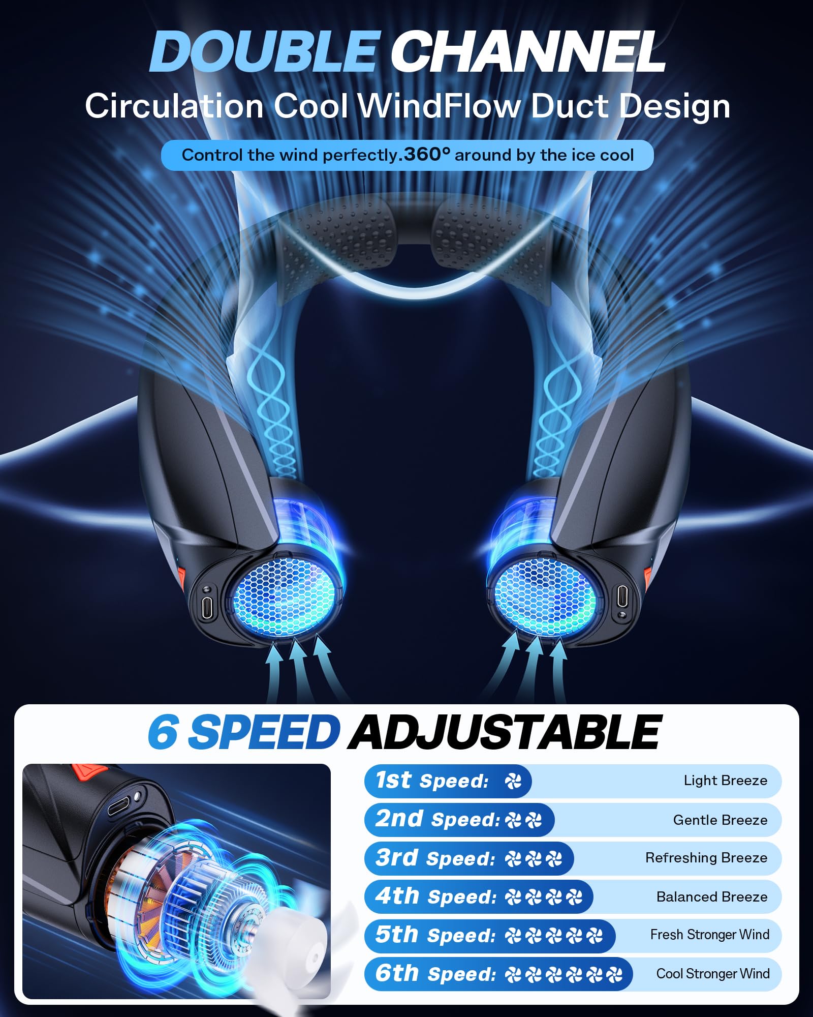 Laimiod Neck Fan - Portable Neck Fan with LED Book Light, 6-20h Long Battery Life, 6 Speeds Adjustable, USB-C Rechargeable, Hands-Free Wearable Fan, Cooling Personal Fan Gifts for Men Women Dad Mom | Comfortable Silicone Made, 6-20 Hours Long Lasting, 6 A