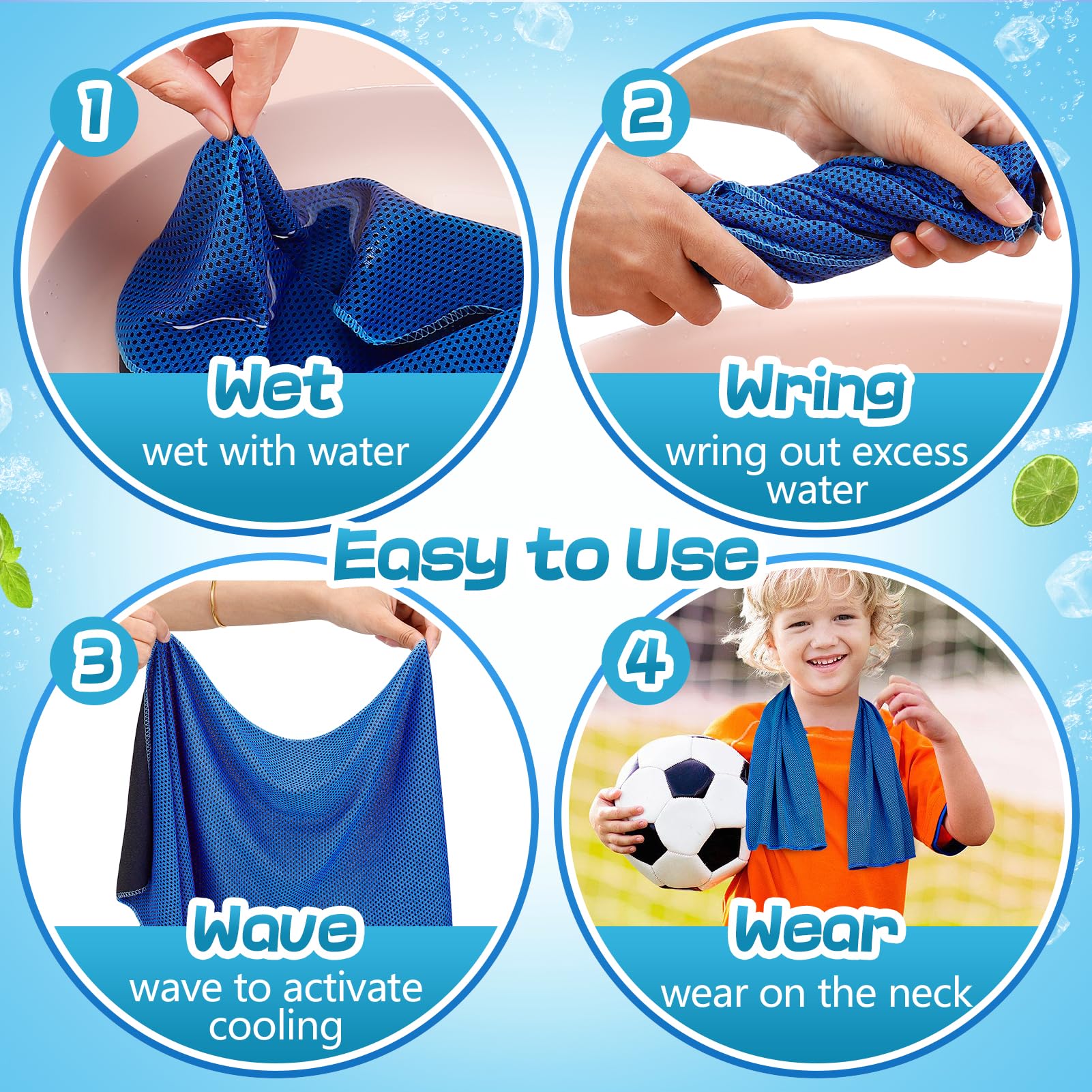 4 Pack Mini Cooling Towels (30"x9") - Kids Cooling Towel, Soft Breathable Cooling Neck Wraps with UPF 50 Sun Protection for Boys Girls Running Exercise Parent-child Activities School Outdoor Sports