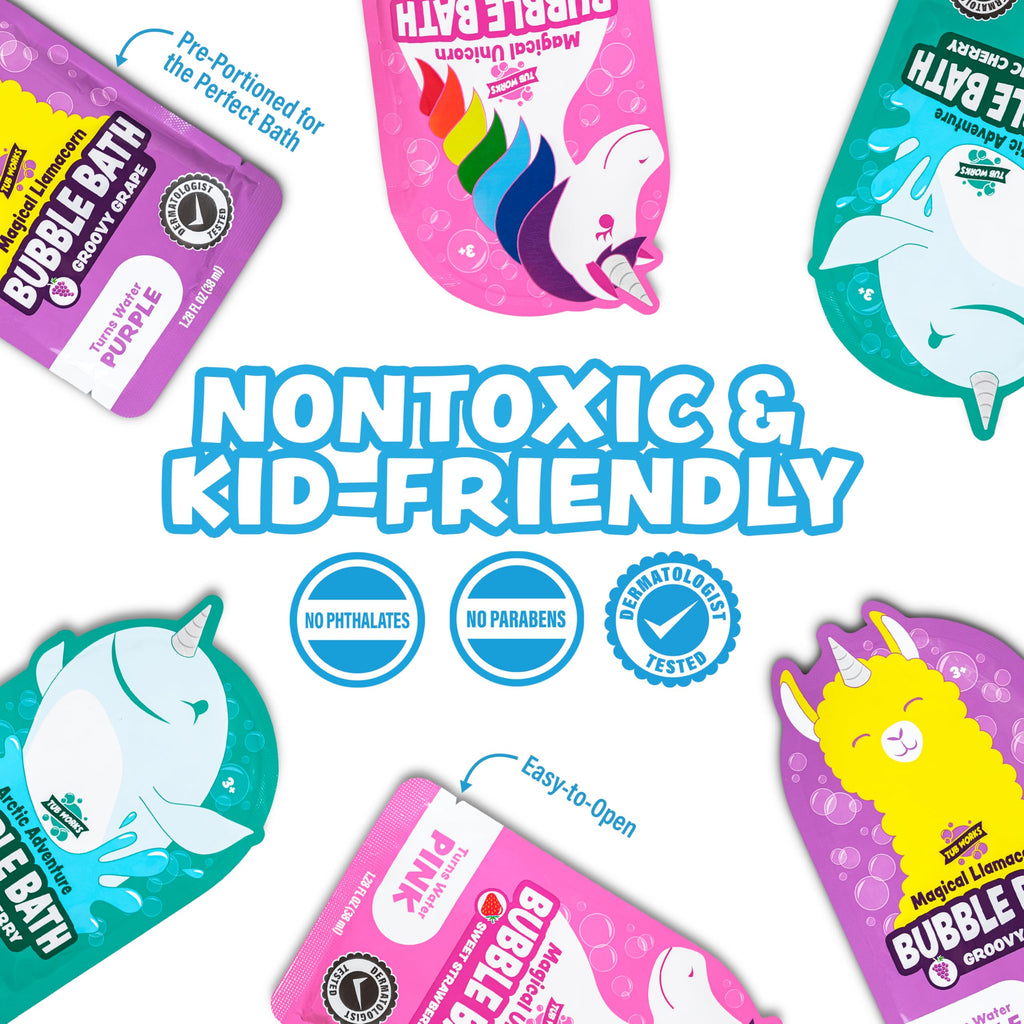 Tub Works® Magical Kids Bubble Bath, Variety 12 Pack | Creates Colorful Water & Tons of Bath Bubbles | Nontoxic | Character-Themed Bubble Bath for Kids | Green, Blue & Orange Bath Colors