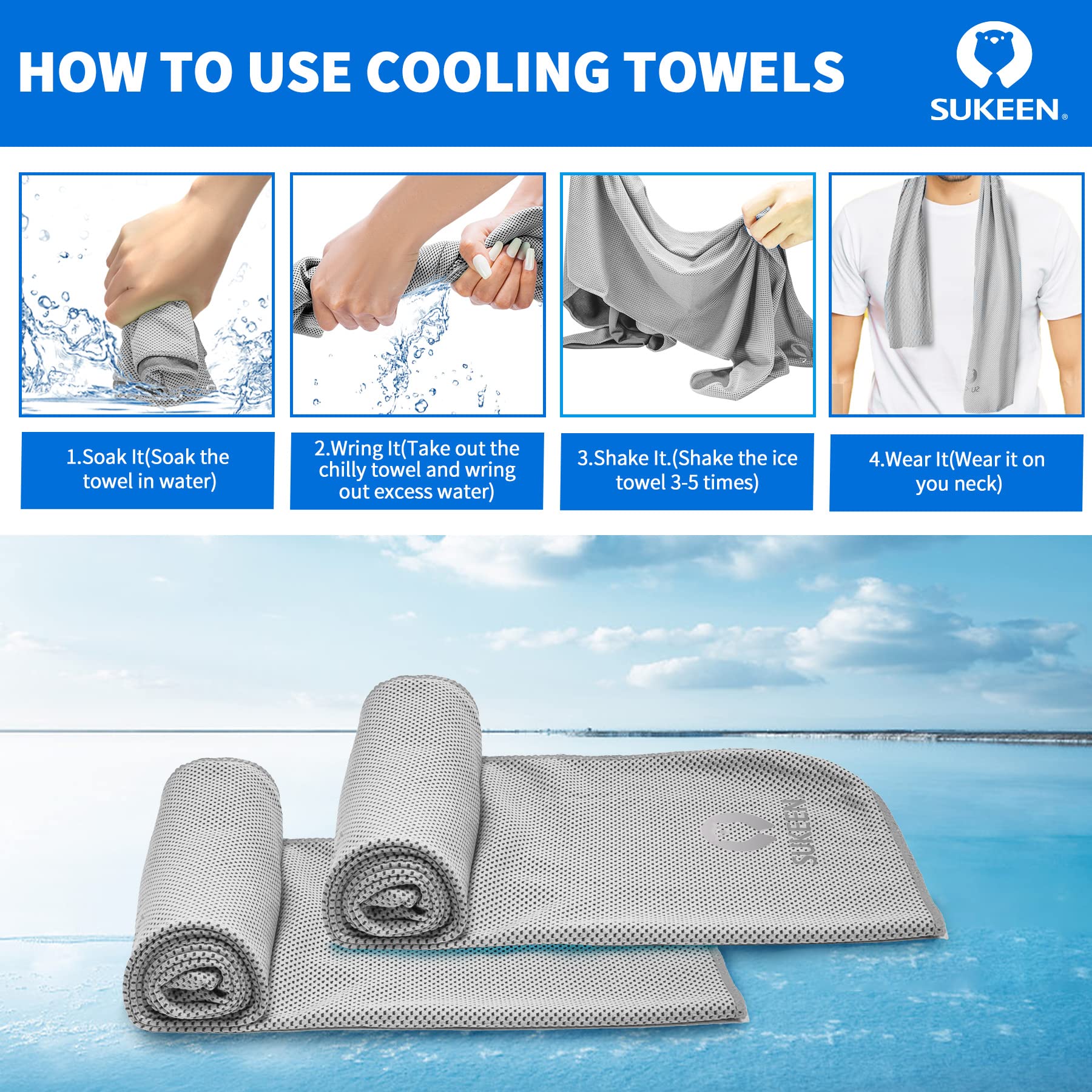 Sukeen 4 Pack Cooling Towels for Hot Weather 40"x12", Gym Towels for Men and Women, Soft Breathable Workout Towels for Yoga, Running, Sport, & More