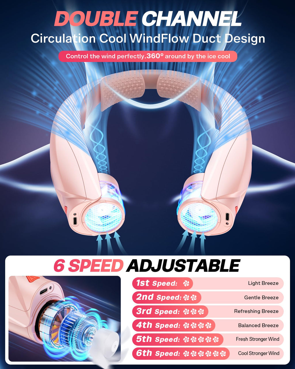 Laimiod Neck Fan - Portable Neck Fan with LED Book Light, 6-20h Long Battery Life, 6 Speeds Adjustable, USB-C Rechargeable, Hands-Free Wearable Fan, Cooling Personal Fan Gifts for Men Women Dad Mom | Comfortable Silicone Made, 6-20 Hours Long Lasting, 6 A