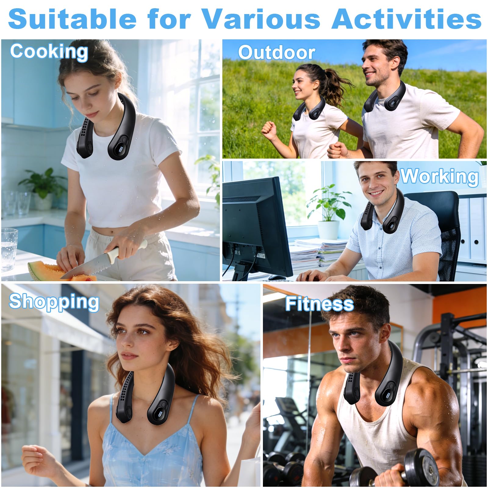Portable Neck Fan Rechargeable - [with LED Display] 5 Speeds, 5000 mAh Battery Operated Wearable Personal Cooling Bladeless Fan for Outdoor Travel, Gifts for Men Women Kids,Gray