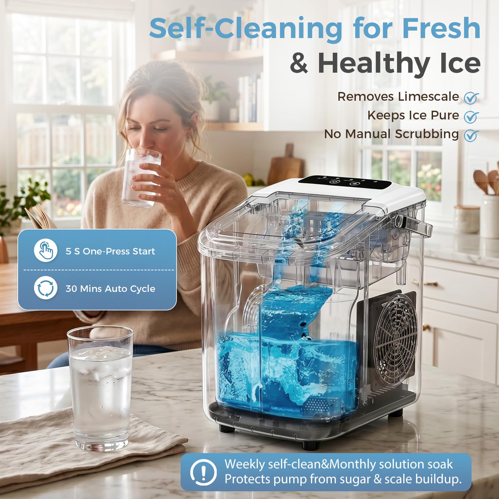 Countertop Ice Maker, Portable Ice Machine with Carry Handle Basket and Scoop, 9 Bullet Cubes Ready in 6 Mins, 26lbs Daily, Self-Cleaning for Home, Kitchen, Camping, RV