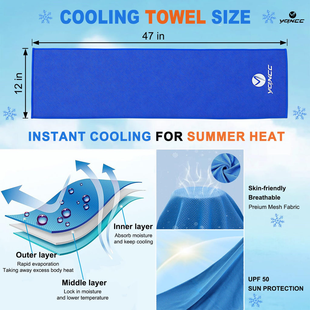 YQXCC 4 Pack Cooling Towels (47"x12"), Ice Cool Neck Towel, Soft Breathable Microfiber for Yoga, Golf, Gym, Running, Camping & Hot Weather