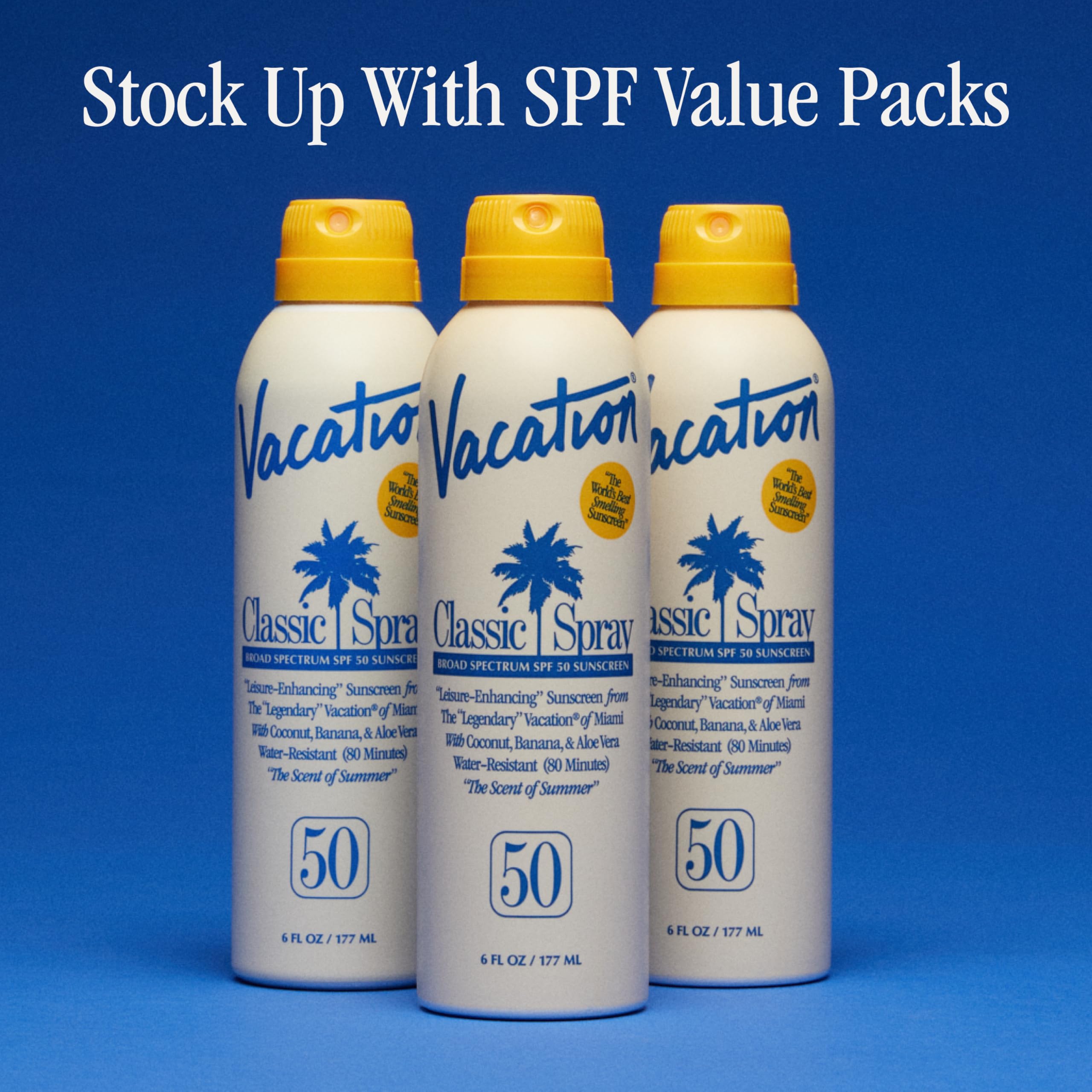 Vacation Classic SPF 50 Sunscreen Spray, 6 Fluid Ounces, Pack of 3 - Broad Spectrum, Lightweight, Transparent on All Skin Tones, Water-Resistant, Vegan, Dermatologist-Tested