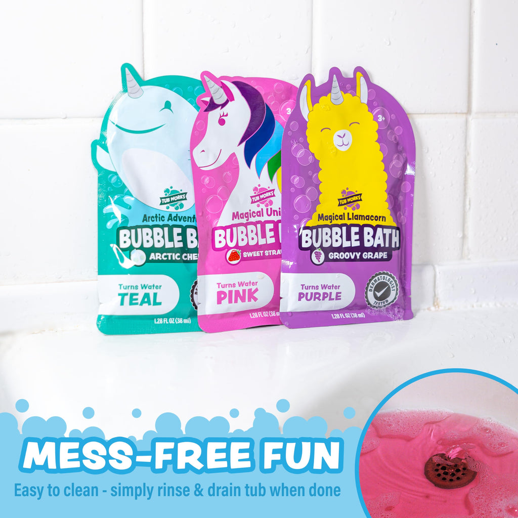 Tub Works® Magical Kids Bubble Bath, Variety 12 Pack | Creates Colorful Water & Tons of Bath Bubbles | Nontoxic | Character-Themed Bubble Bath for Kids | Green, Blue & Orange Bath Colors