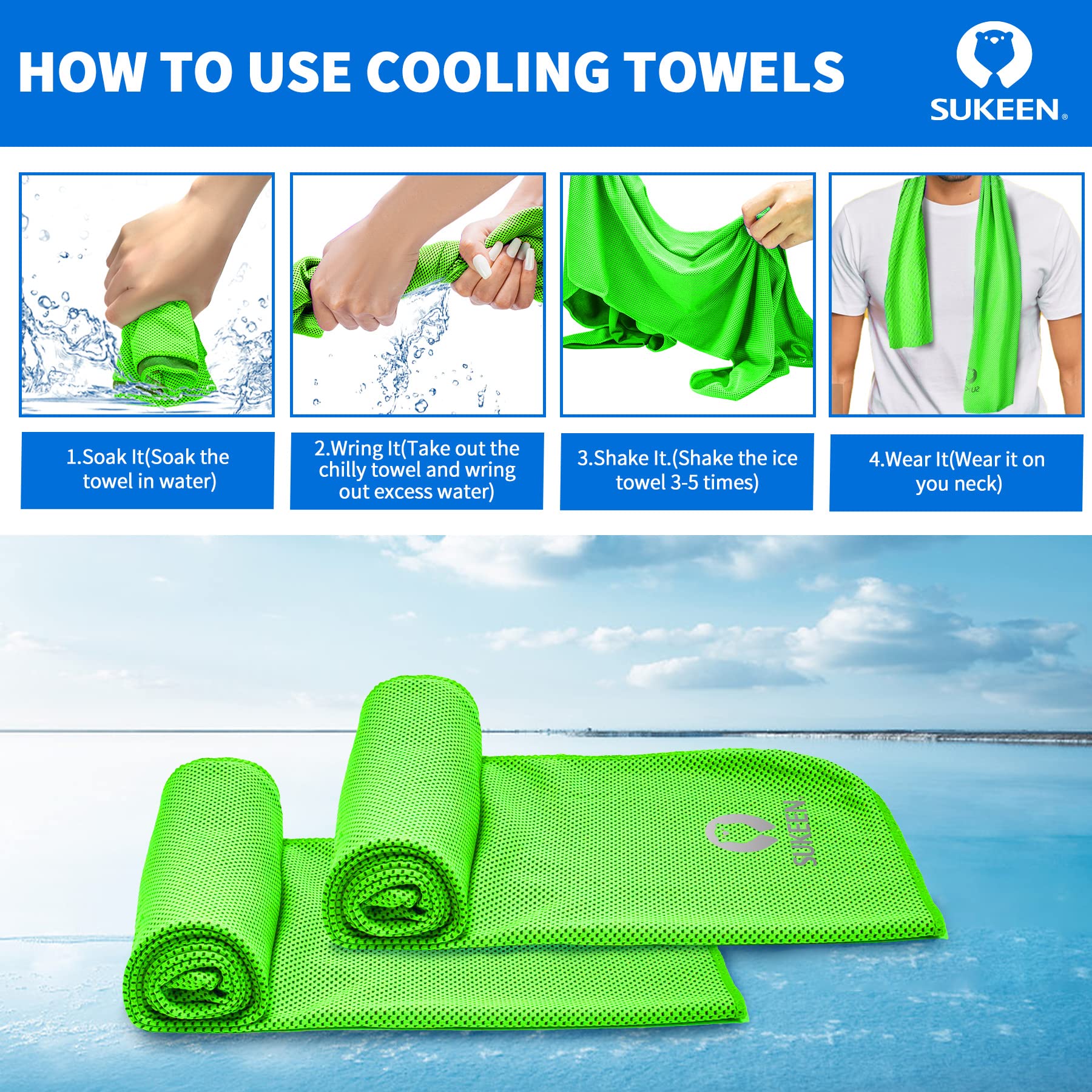 Sukeen 4Pack Cooling Towel (40"x12"),Ice Towel,Soft Breathable Chilly Towel,Microfiber Towel for Yoga,Sport,Running,Gym,Workout,Camping,Fitness,Workout & More Activities