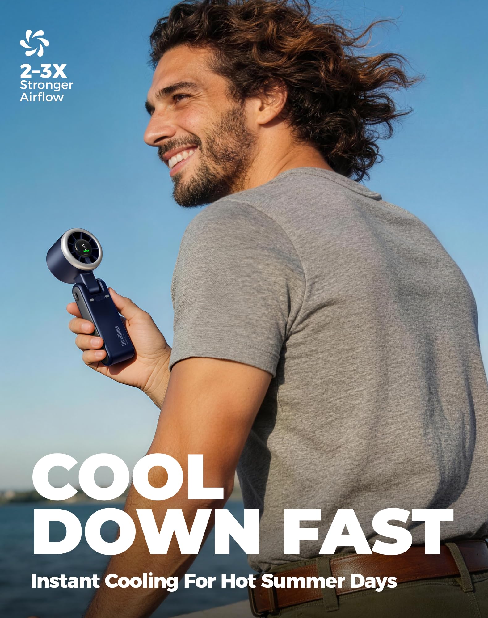 Diveblues Portable Handheld Turbo Fan | 3 IN 1 Hand/Neck/Desk Fan, Up to 12 Working Hours, 5 Gear Wind, Battery Operated, Travel, Working, Outdoor Activities