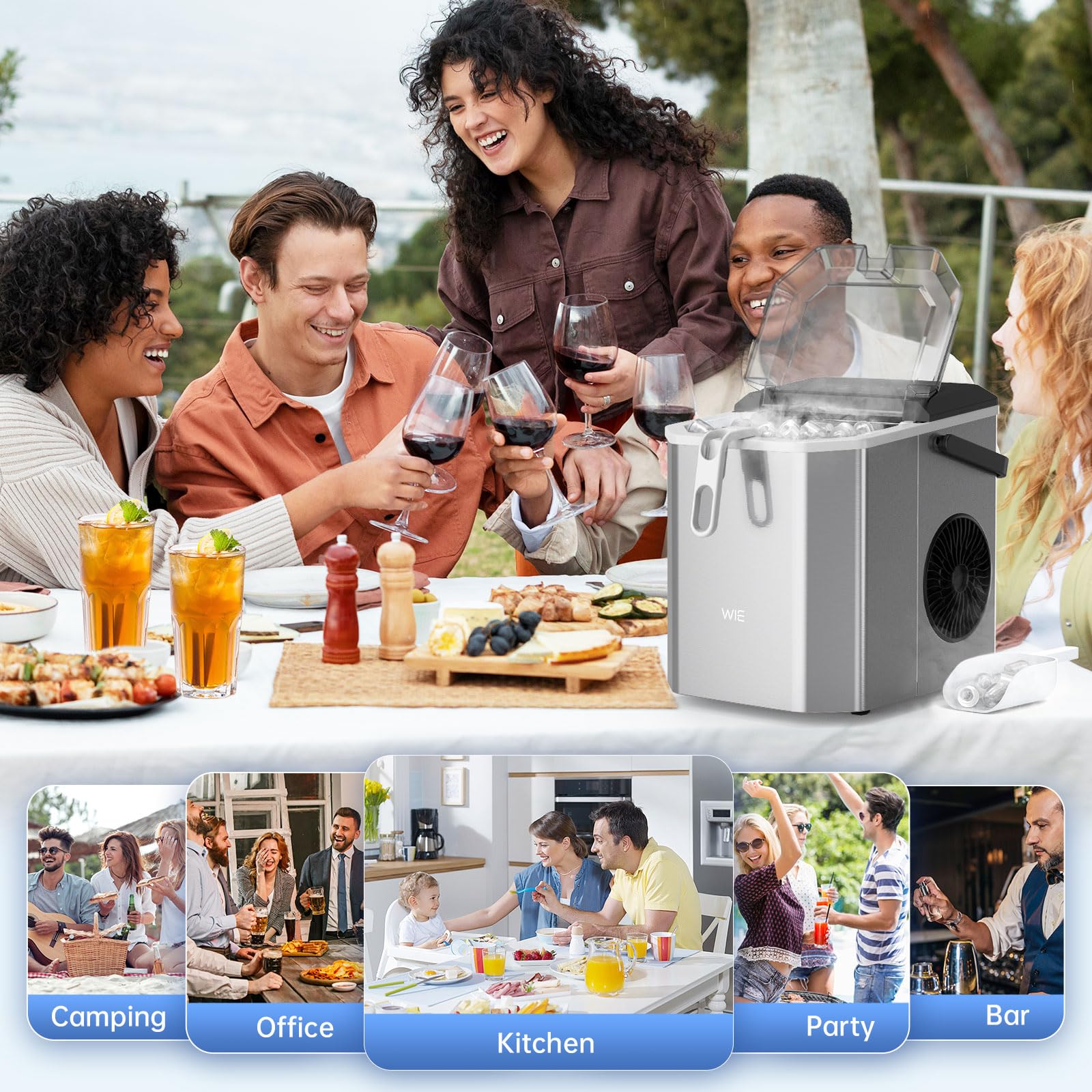 WIE Stainless Steel Ice Maker, Self-Cleaning Ice Maker Machine, 12kg/24H, 2 Sizes 9 Ice Cube Ready in 6 Mins Ice Machine with Handle, Scoop & Basket, 1.5L Ice Cube Maker for Home/Kitchen/Office/Bar
