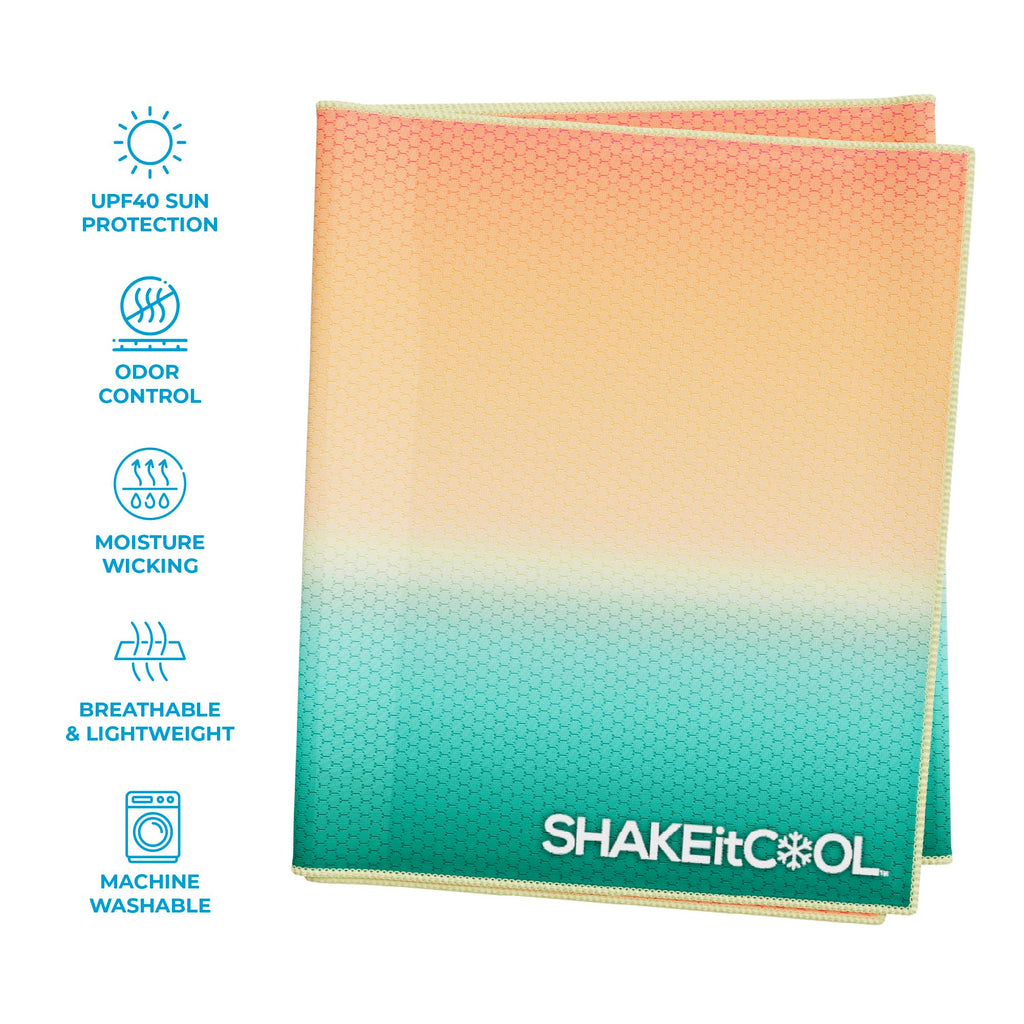 SHAKEitCOOL Extended Size Cooling Towel – Be Cool in Style - Heat Relief, Soft, Lightweight, Sun Protection, Easy Clean - Perfect for Biking, Hiking, Running, Yoga, Golf - Blue Purple Wave M