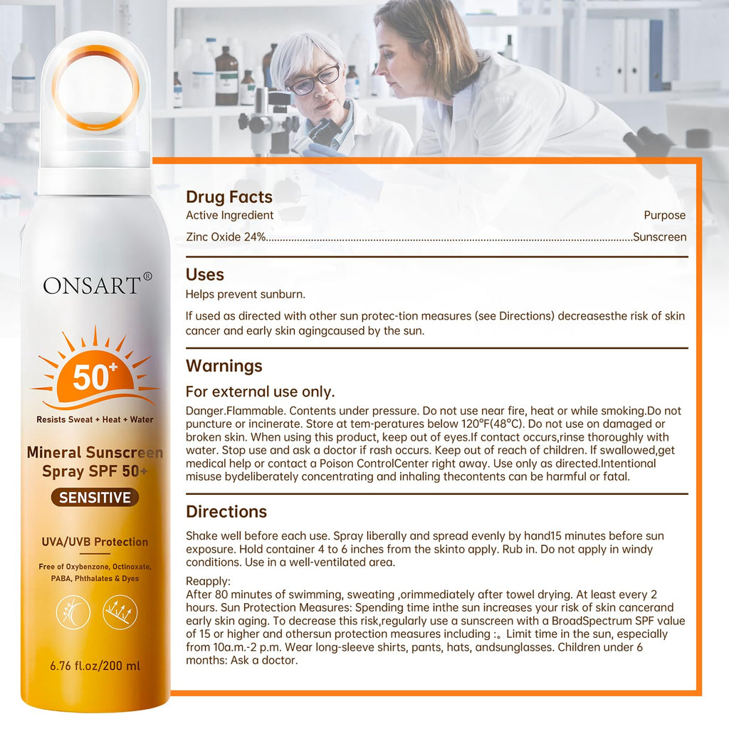 Mineral Sunscreen Spray SPF 50+, Reef Safe, Zinc Oxide Sunscreen, Broad Spectrum UVA/UVB, 360° Ring Spray, Water Resistant 80 Minutes, Lightweight Non-Greasy, 6.76 fl Oz (Pack of 2)