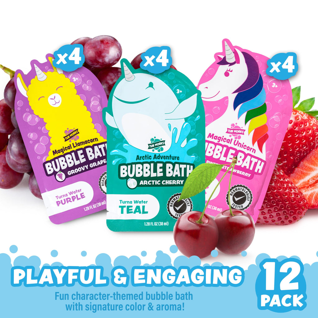 Tub Works® Magical Kids Bubble Bath, Variety 12 Pack | Creates Colorful Water & Tons of Bath Bubbles | Nontoxic | Character-Themed Bubble Bath for Kids | Green, Blue & Orange Bath Colors