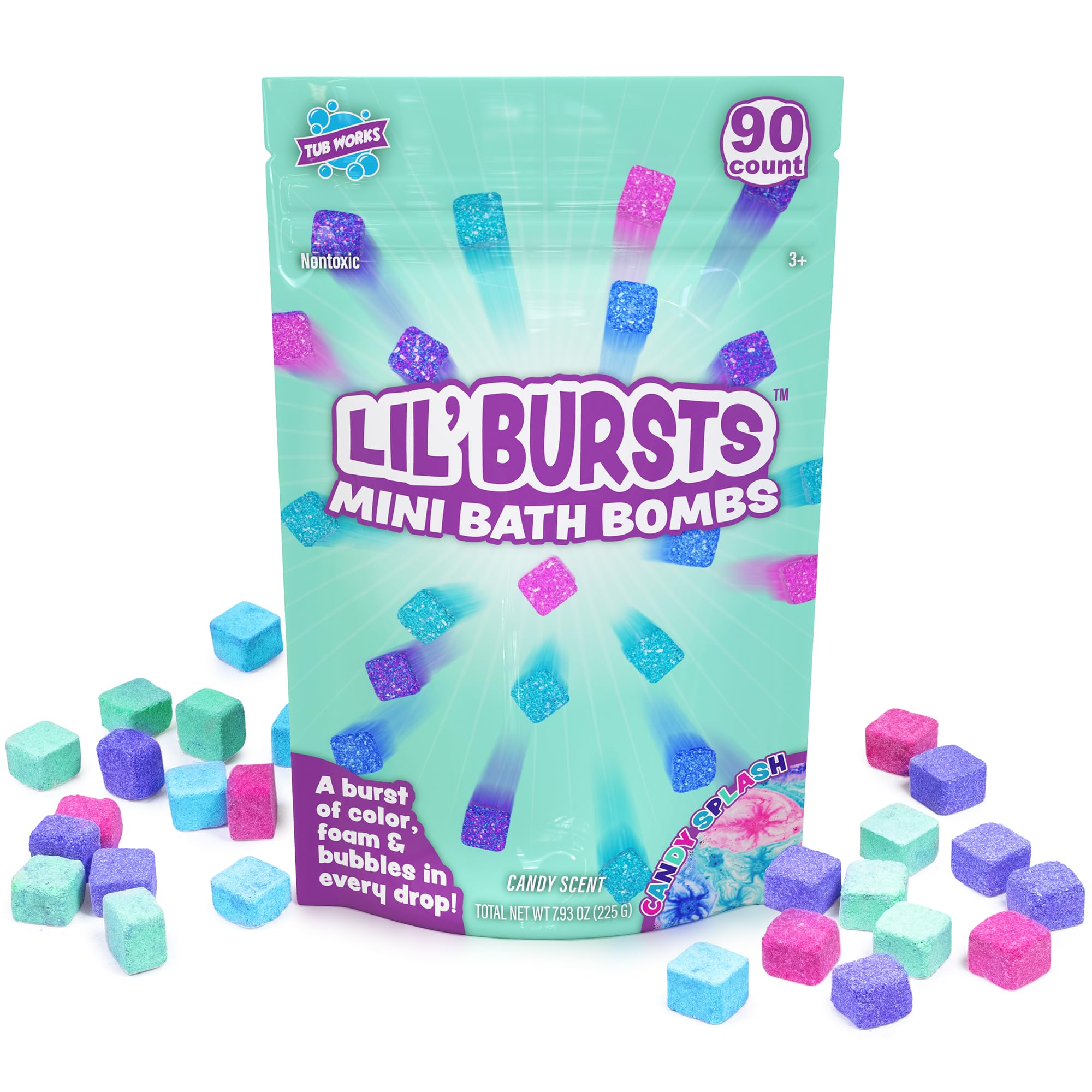 Tub Works® Lil' Bursts™ Mini Bath Bombs for Kids, 90 Count, Cosmic | Nontoxic | Tiny Kids Bath Bombs with A Burst of Color, Foam & Bubbles | Customize Kids Bath with Fun Bath Colors | Create Tub Art