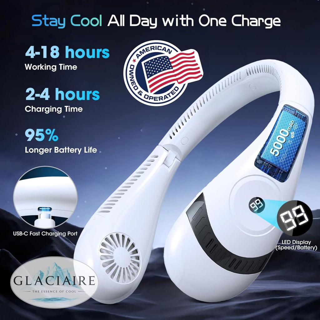 GLACIAIRE Neck Fan – Portable Cooling Fan with Powerful Airflow | USB‑C Rechargeable 5000mAh Battery | Foldable Wearable Personal Face Fan for Around Neck, Quiet 3-Speed Air Cooler – White