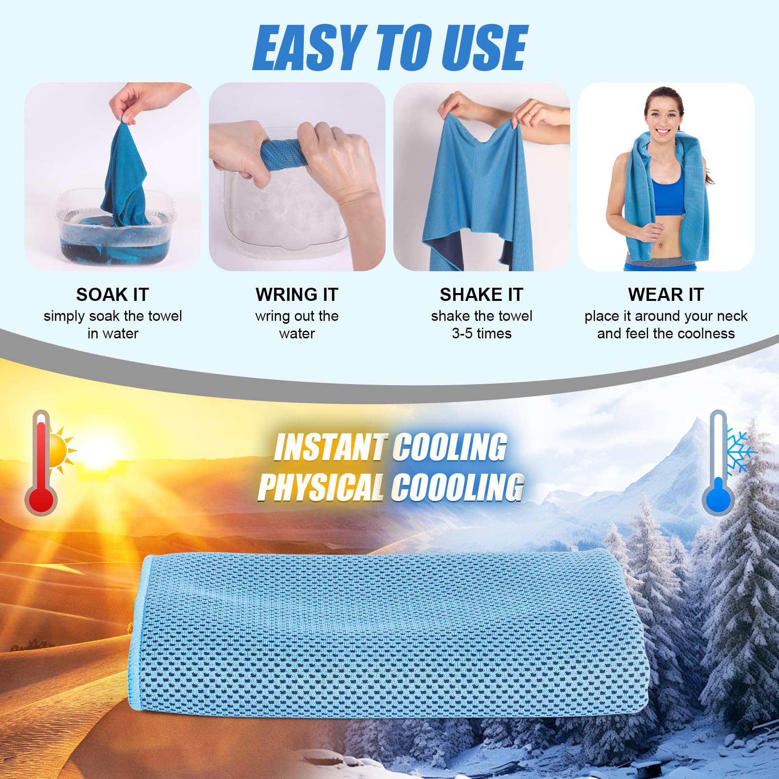 4 Pack Cooling Towels Cloth for Neck and Face, Ice Cool Towel Cold Rags for Sports Gym Fitness Yoga Running Tennis Baseball Hiking Camping(Y-4PACK-02)