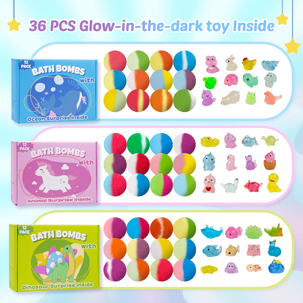 Bath Bombs for Kids, 12 Pcs Bath Bombs with Glow in The Dark Dinosura Surprise Inside, Handmade Organic Bubble Bath Ball Gift Set for Boys and Girls, Gift for Birthday Christmas Easter