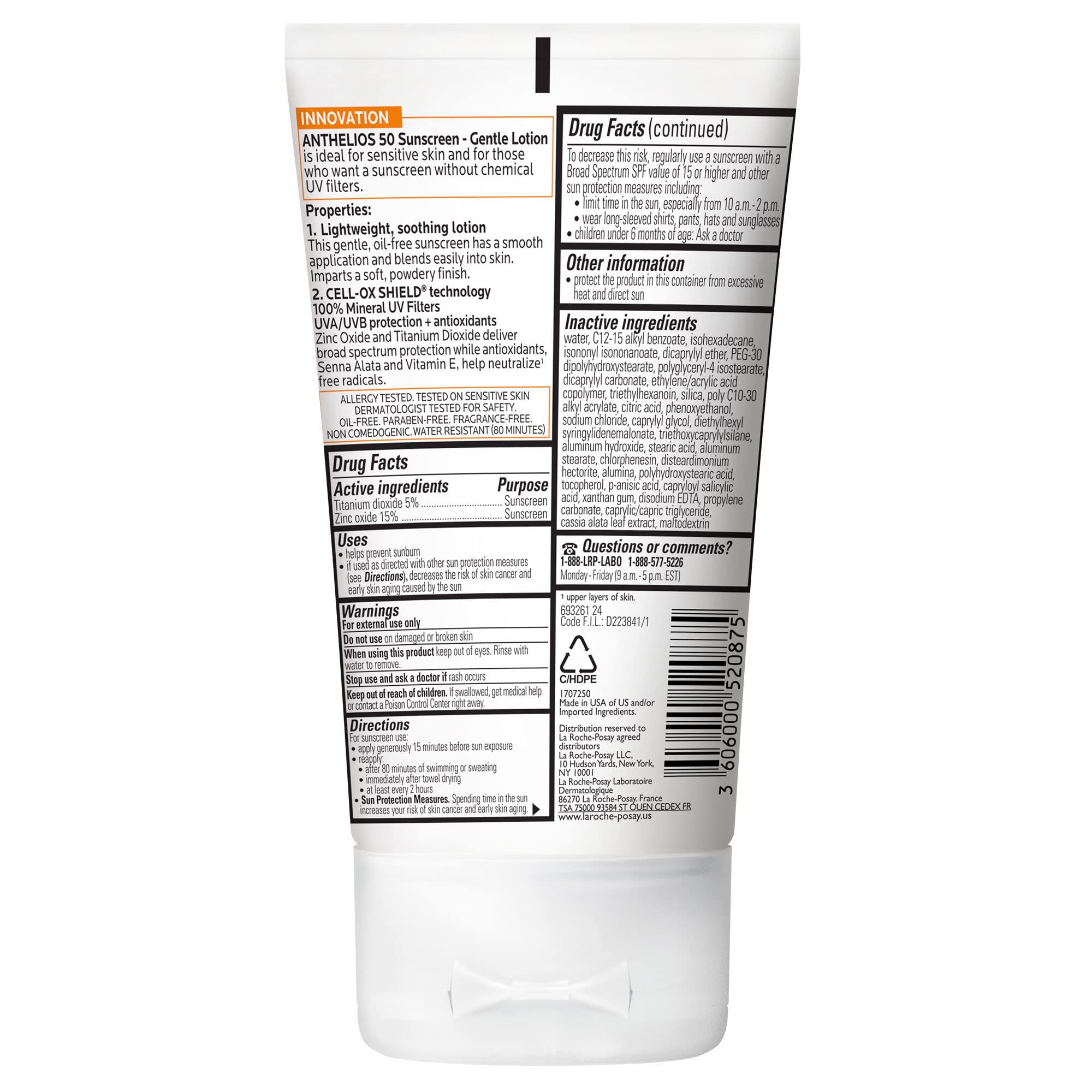 La Roche-Posay Anthelios Mineral Sunscreen SPF 50 Gentle Lotion, Broad Spectrum SPF + Antioxidants, Face & Body Sunscreen, Titanium Dioxide & Zinc Oxide, Oxybenzone Free, Oil Free