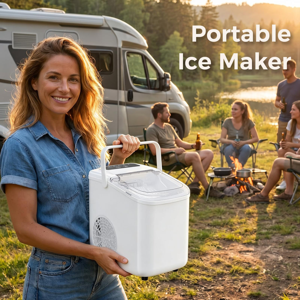 Countertop Ice Maker, Portable Ice Machine with Carry Handle Basket and Scoop, 9 Bullet Cubes Ready in 6 Mins, 26lbs Daily, Self-Cleaning for Home, Kitchen, Camping, RV