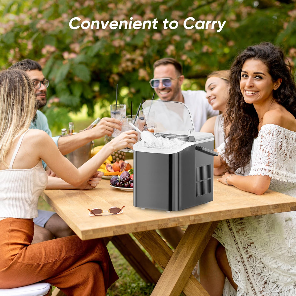 DUMOS Countertop Ice Maker with Handle, 26lbs/24H Portable Ice Machine | 9 Bullet Cubes Ready in 6 Mins, Self-Cleaning, Quiet Compact for Home, Kitchen, RV, Camping, Bright Black