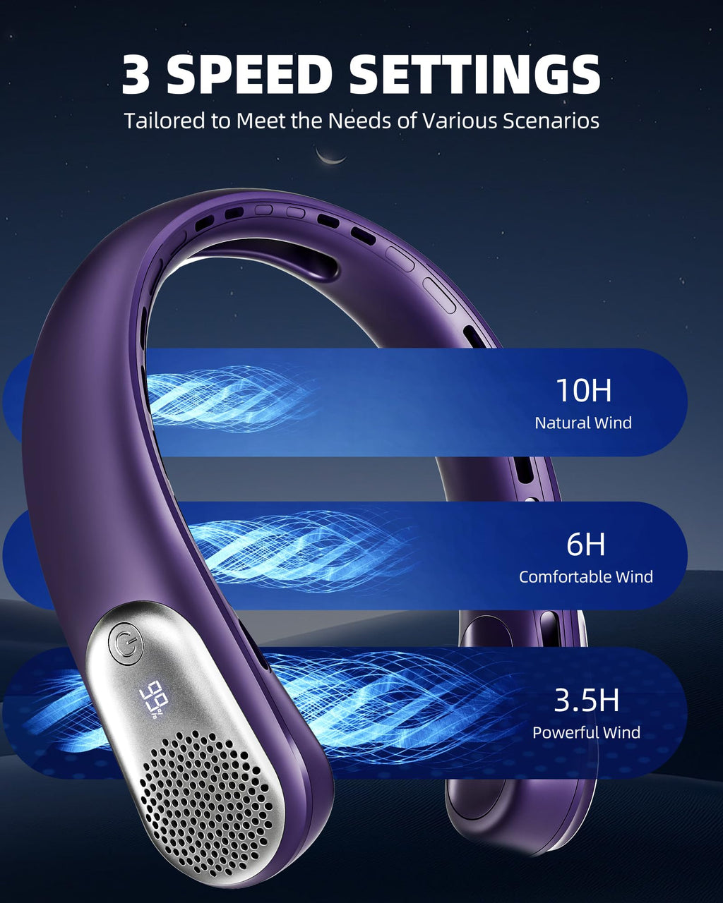 Neck Fan, Portable 4000 mAh Battery Operated Personal Fan with LED Display, 3 Wind Speed, Fast Cooling, Fast Cooling,USB Rechargeable Fan for Women Outdoor Purple