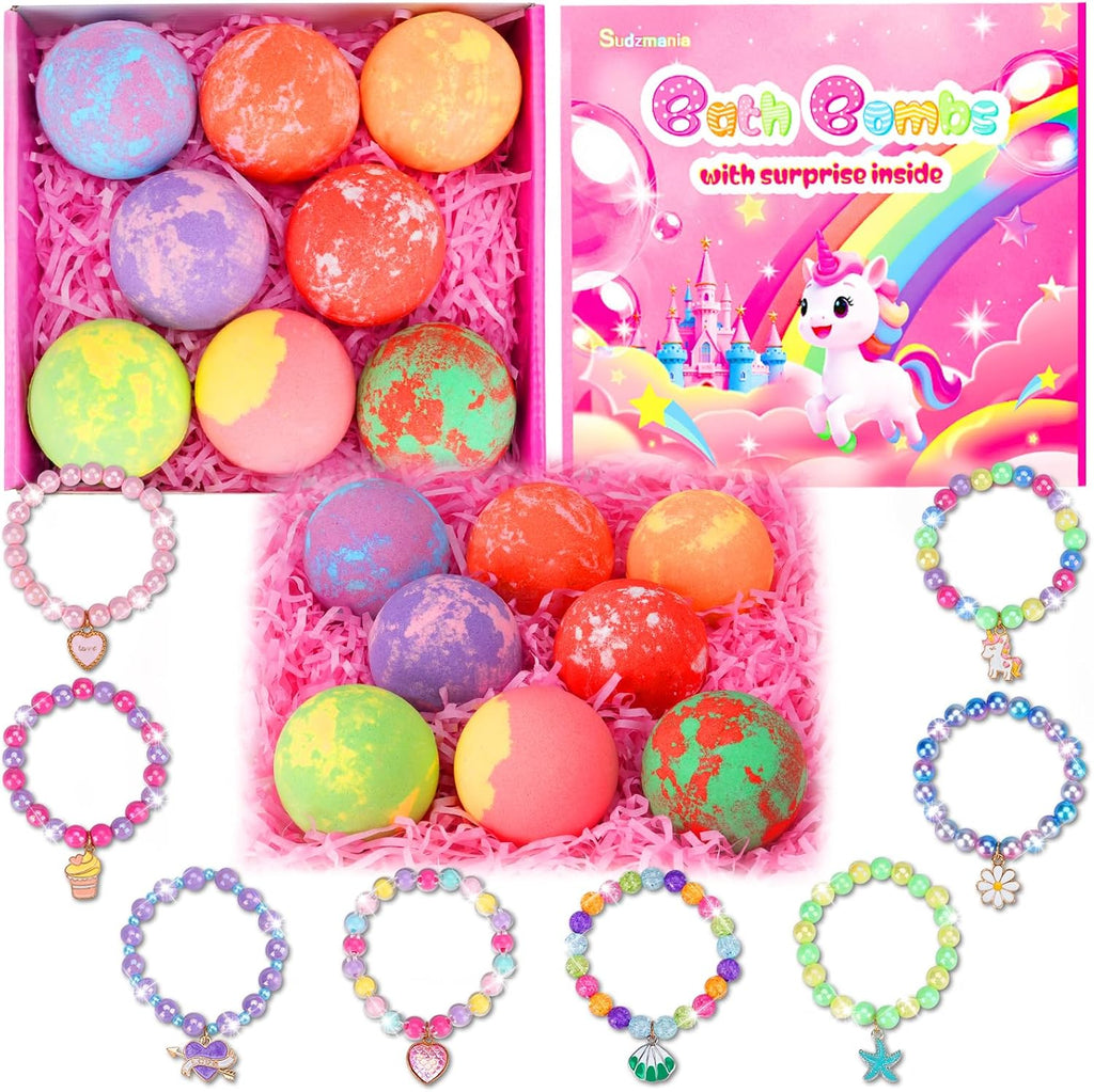 Bath Bombs for Kids with Toys Inside, 8-Pack Gift Set - Extra Large Fizzing Bath Bombs for Girls with Surprise Bracelet, Bubble Bath, Birthday Gifts for 3 4 5 6 7 8 Year Old Girl(Package May Vary)