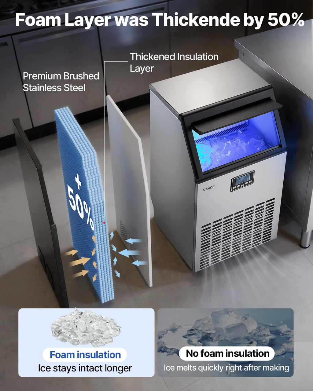 VEVOR Commercial Ice Maker Machine, 80 lbs/24h with 13 lbs Storage Capacity, Countertop/Freestanding/Under Counter, Stainless Steel Ice Maker with LED Display & Self-Cleaning, for Home Bar Restaurant