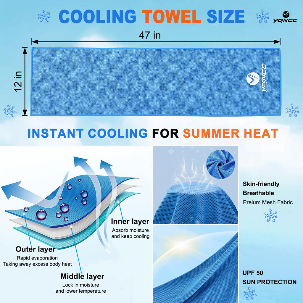 YQXCC 4 Pack Cooling Towels (47"x12"), Ice Cool Neck Towel, Soft Breathable Microfiber for Yoga, Golf, Gym, Running, Camping & Hot Weather