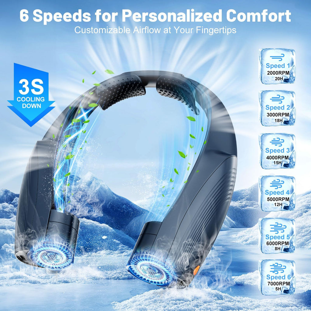 Portable Neck Fan with 6 Powerful Speeds, 8000mAh Battery Operated USB-C Rechargeable Fan, 20H Runtime, Hands-Free 360° Cooling Personal Wearable Neck Fan, Gift for Women Men Travel Concerts(Black)