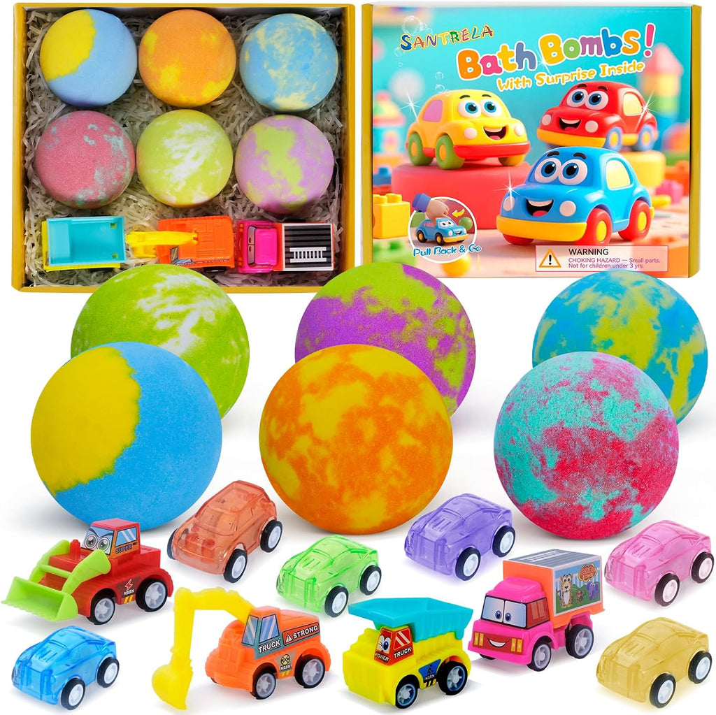 Bath Bombs for Kids with Toys Inside, 6 Pack Kids Bath Bombs with Surprise Car Bath Toys for Boys Girls, Fizzy Bubble Bath Ball Includes Pull-Back Vehicles Cars, Gift for Birthday Halloween Christmas