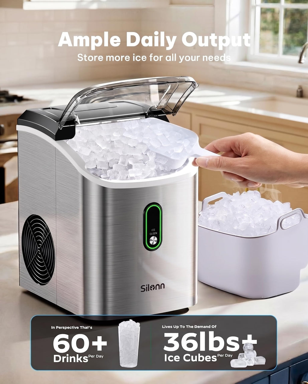 Silonn Nugget Ice Maker Countertop, Pellet Ice Machine with Self-Cleaning Function, Sonic Ice Maker Produces 36lbs of Chewable Ice in 24 Hours, Ideal for Home Kitchen and Office (Black)
