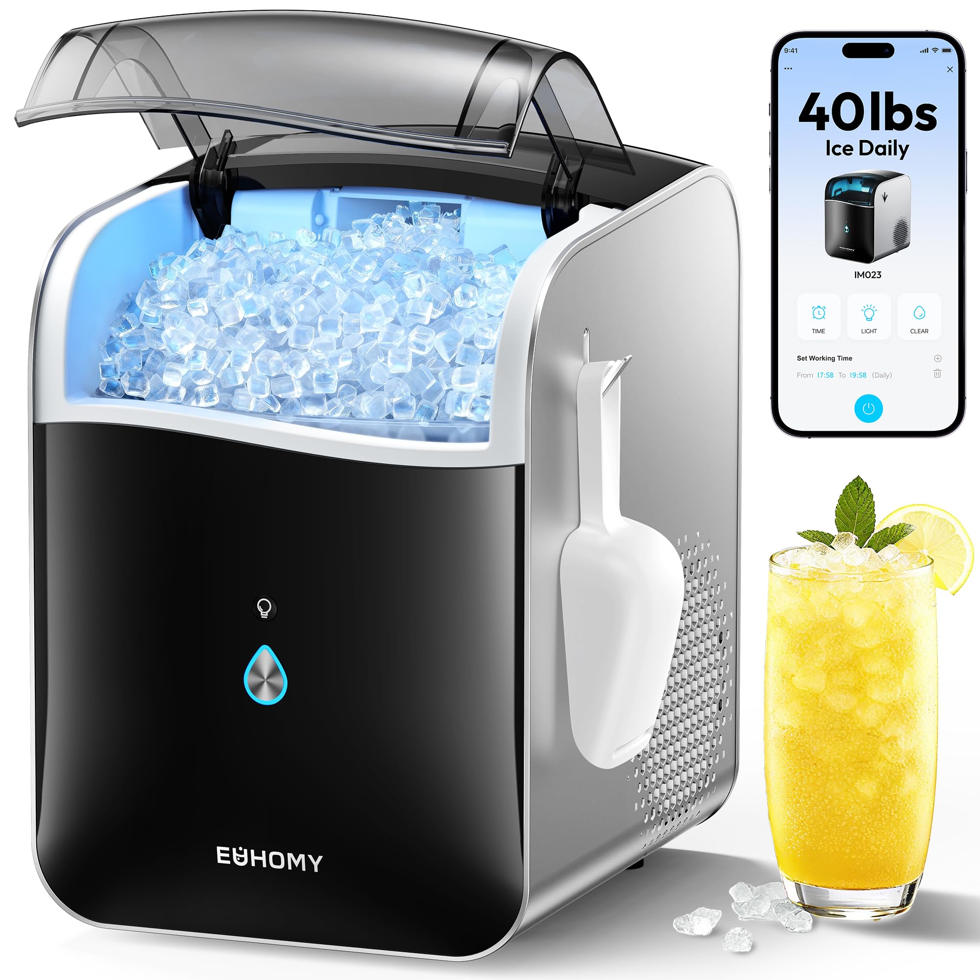 EUHOMY Ice Maker Countertop with Carry Handle, 9 Cubes Ready in 6 Mins, 26.5lbs/24H, Self-Cleaning, 2 Sizes of Bullet Ice with Basket and Scoop, Portable Ice Maker Machine for Home, Kitchen, Office