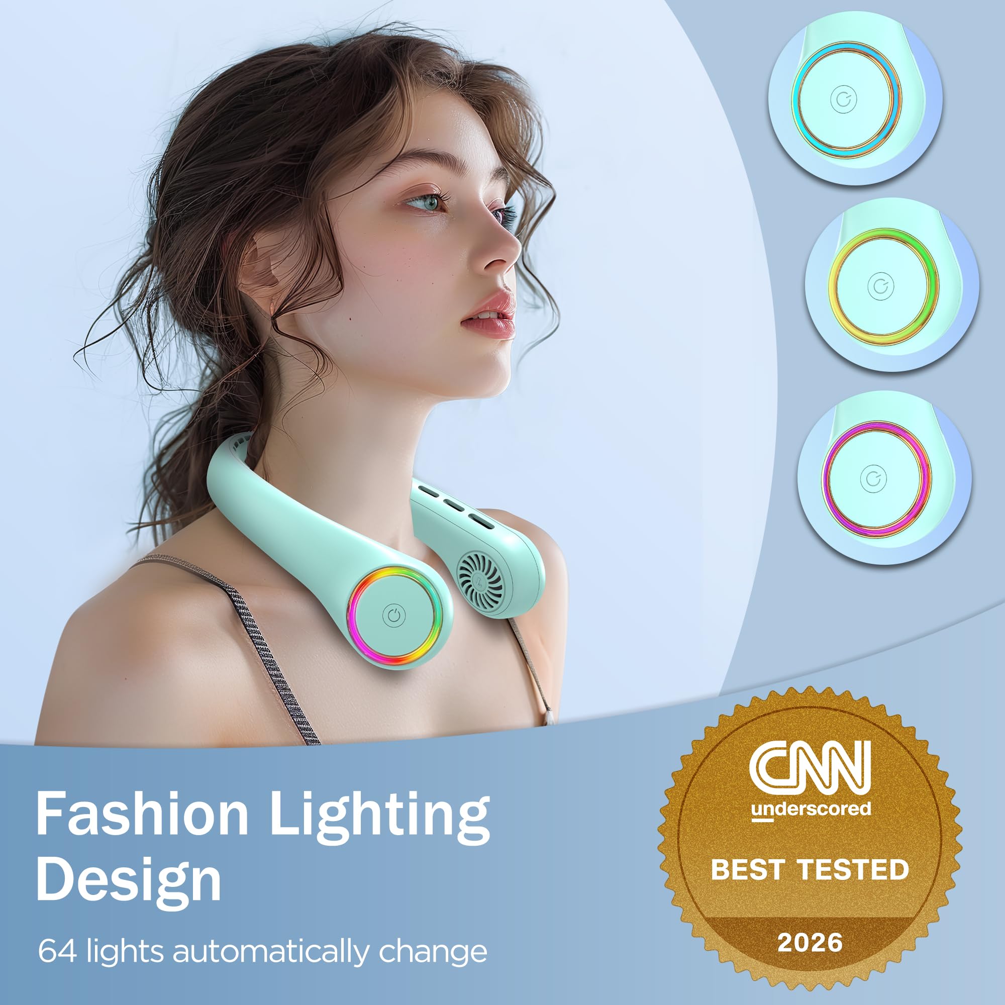 Neck fan, Portable Fan with 5-17H Lifespan, 4000mAh Neck fan air conditioner with 3 Adjustable Speeds and 64 Cool Lights, Rechargeable Neck Fan, Hands-Free Cooling fan for Summer (Black)