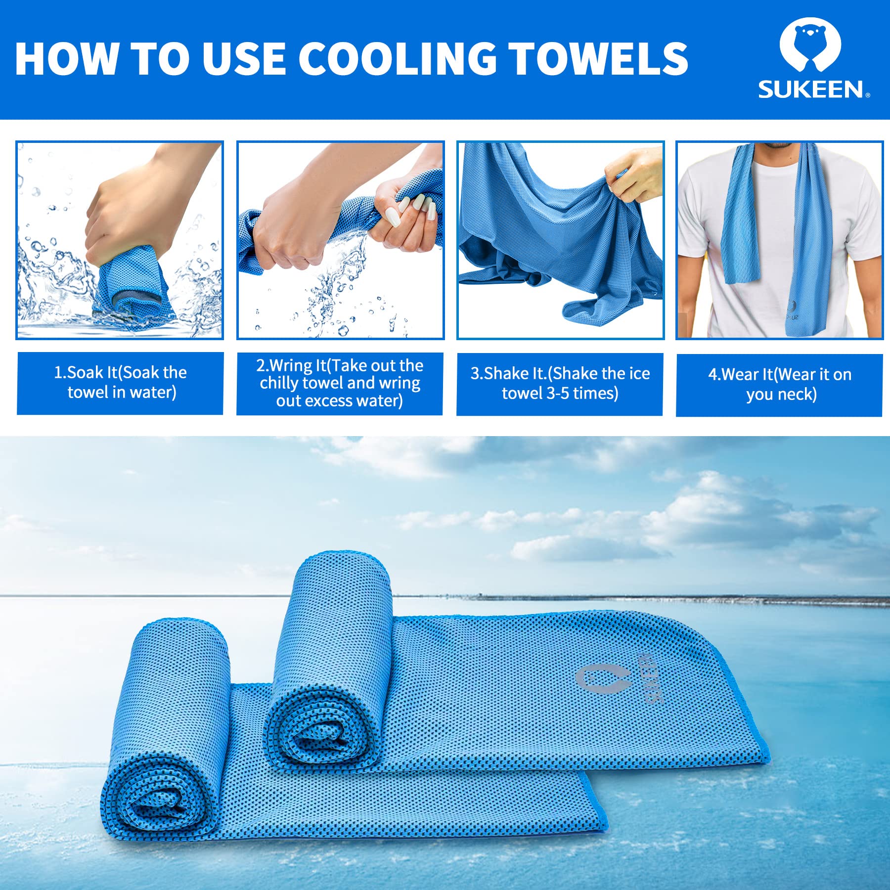 Sukeen 4Pack Cooling Towel (40"x12"),Ice Towel,Soft Breathable Chilly Towel,Microfiber Towel for Yoga,Sport,Running,Gym,Workout,Camping,Fitness,Workout & More Activities
