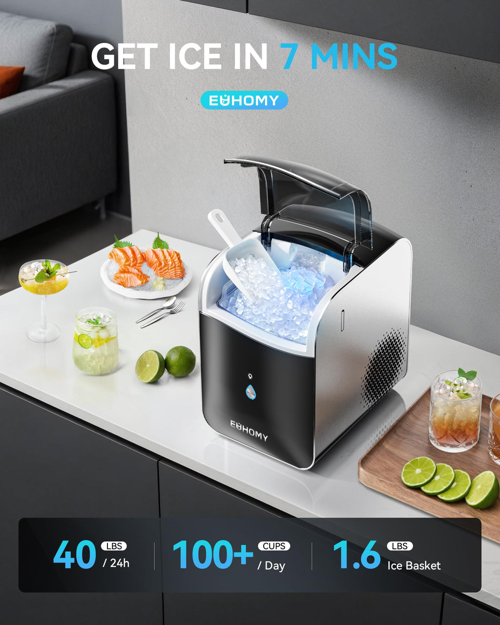 EUHOMY Ice Maker Countertop with Carry Handle, 9 Cubes Ready in 6 Mins, 26.5lbs/24H, Self-Cleaning, 2 Sizes of Bullet Ice with Basket and Scoop, Portable Ice Maker Machine for Home, Kitchen, Office