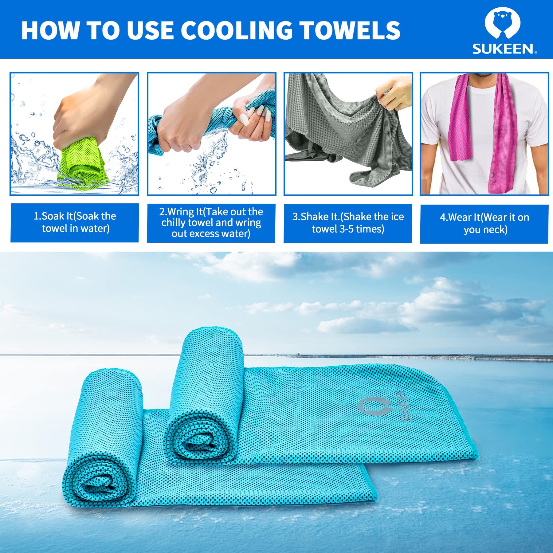 Sukeen 4Pack Cooling Towel (40"x12"),Ice Towel,Soft Breathable Chilly Towel,Microfiber Towel for Yoga,Sport,Running,Gym,Workout,Camping,Fitness,Workout & More Activities