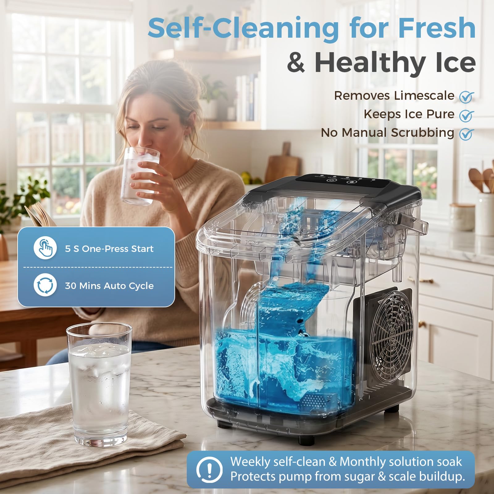 Countertop Ice Maker, Portable Ice Machine with Carry Handle Basket and Scoop, 9 Bullet Cubes Ready in 6 Mins, 26lbs Daily, Self-Cleaning for Home, Kitchen, Camping, RV