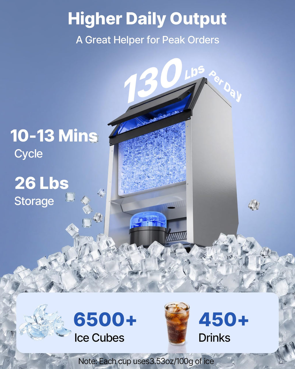 VEVOR Commercial Ice Maker Machine, 80 lbs/24h with 13 lbs Storage Capacity, Countertop/Freestanding/Under Counter, Stainless Steel Ice Maker with LED Display & Self-Cleaning, for Home Bar Restaurant