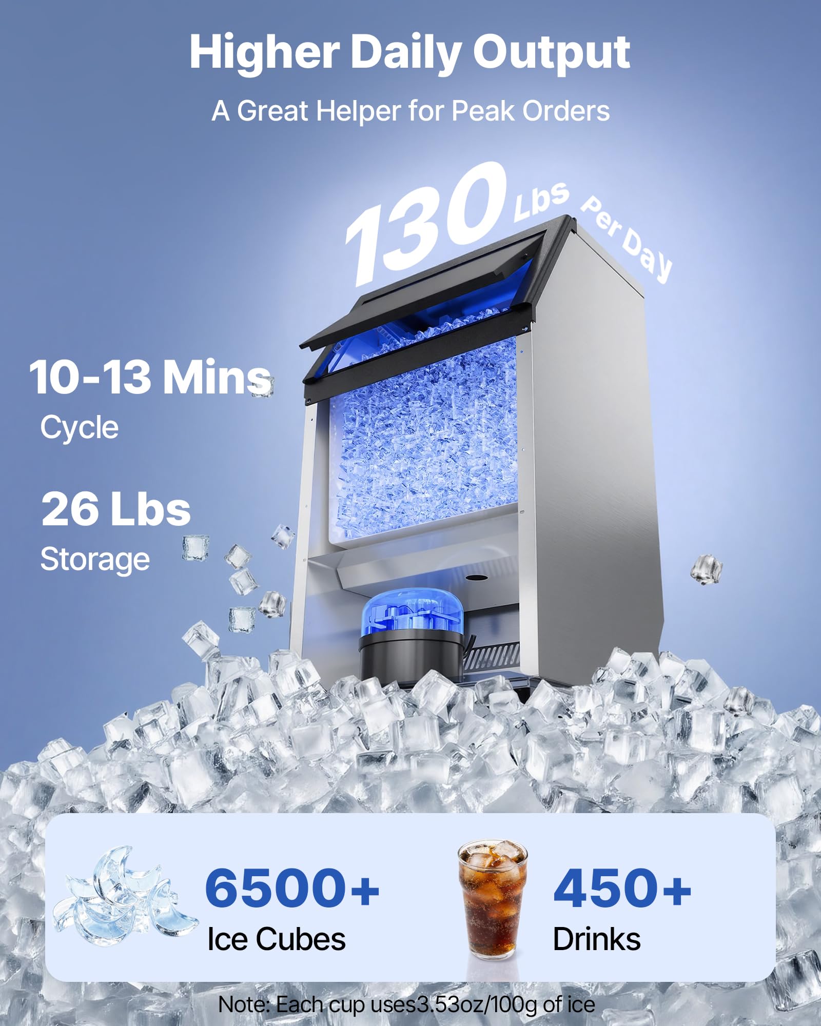 VEVOR Commercial Ice Maker Machine, 80 lbs/24h with 13 lbs Storage Capacity, Countertop/Freestanding/Under Counter, Stainless Steel Ice Maker with LED Display & Self-Cleaning, for Home Bar Restaurant