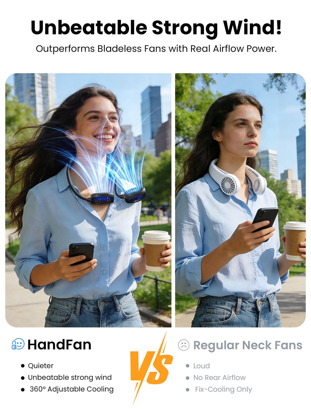 HandFan 10000mAh Neck Fan, 360° Rotation Hands Free Portable Fans for your Neck, 48h Lasting Rechargeable Battery Operated Wearable Necklace Personal Cool Fans for Travel/Disney/Sports/Cycling/Hiking