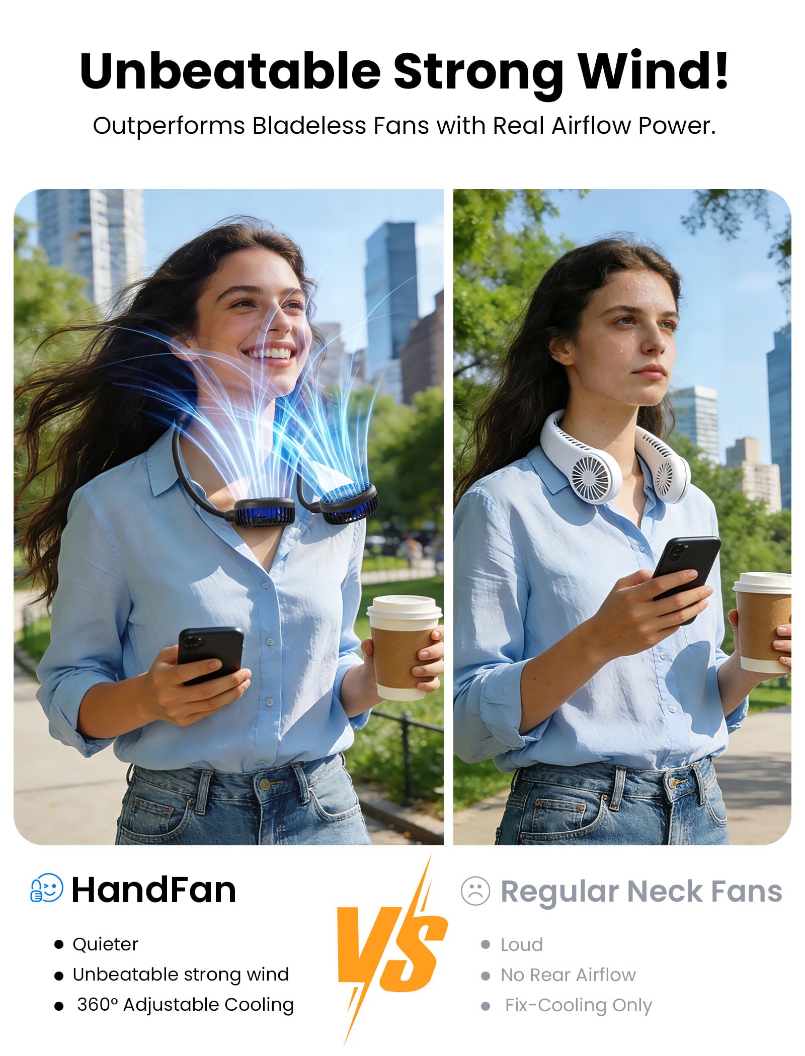 HandFan 10000mAh Neck Fan, 360° Rotation Hands Free Portable Fans for your Neck, 48h Lasting Rechargeable Battery Operated Wearable Necklace Personal Cool Fans for Travel/Disney/Sports/Cycling/Hiking