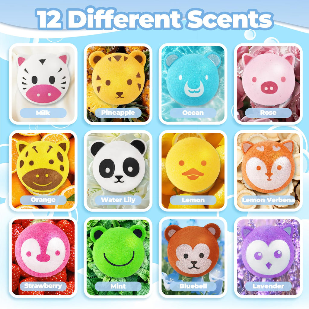 Bath Bombs for Kids with Surprise Toys Inside, 12 Pcs Bubble Bath Fizzy Balls with 12 Animal Shapes, Natural Bath Bombs Valentine's Day Easter Children's Day Gift Set for Kids Girls Boys Toddlers