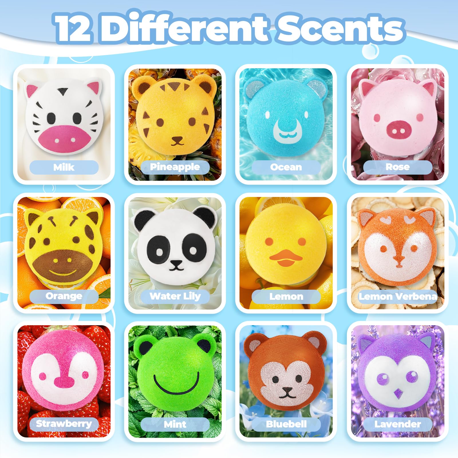 Bath Bombs for Kids with Surprise Toys Inside, 12 Pcs Bubble Bath Fizzy Balls with 12 Animal Shapes, Natural Bath Bombs Valentine's Day Easter Children's Day Gift Set for Kids Girls Boys Toddlers