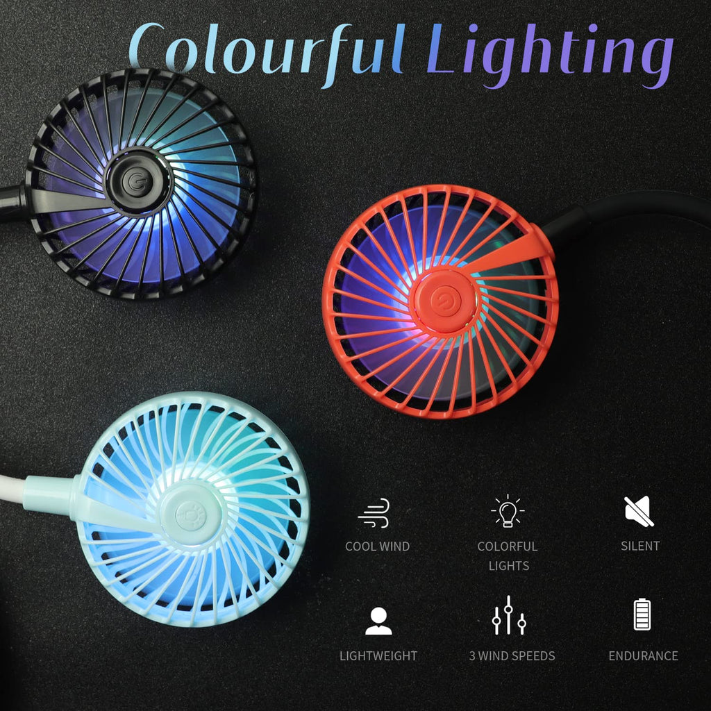 VAGAU Portable Neck Fan with Colorful LED Lights, 360 Rotation, Wearable Air Conditioner for Office Travel Sport, 3 Adjustable Speeds (Pink)