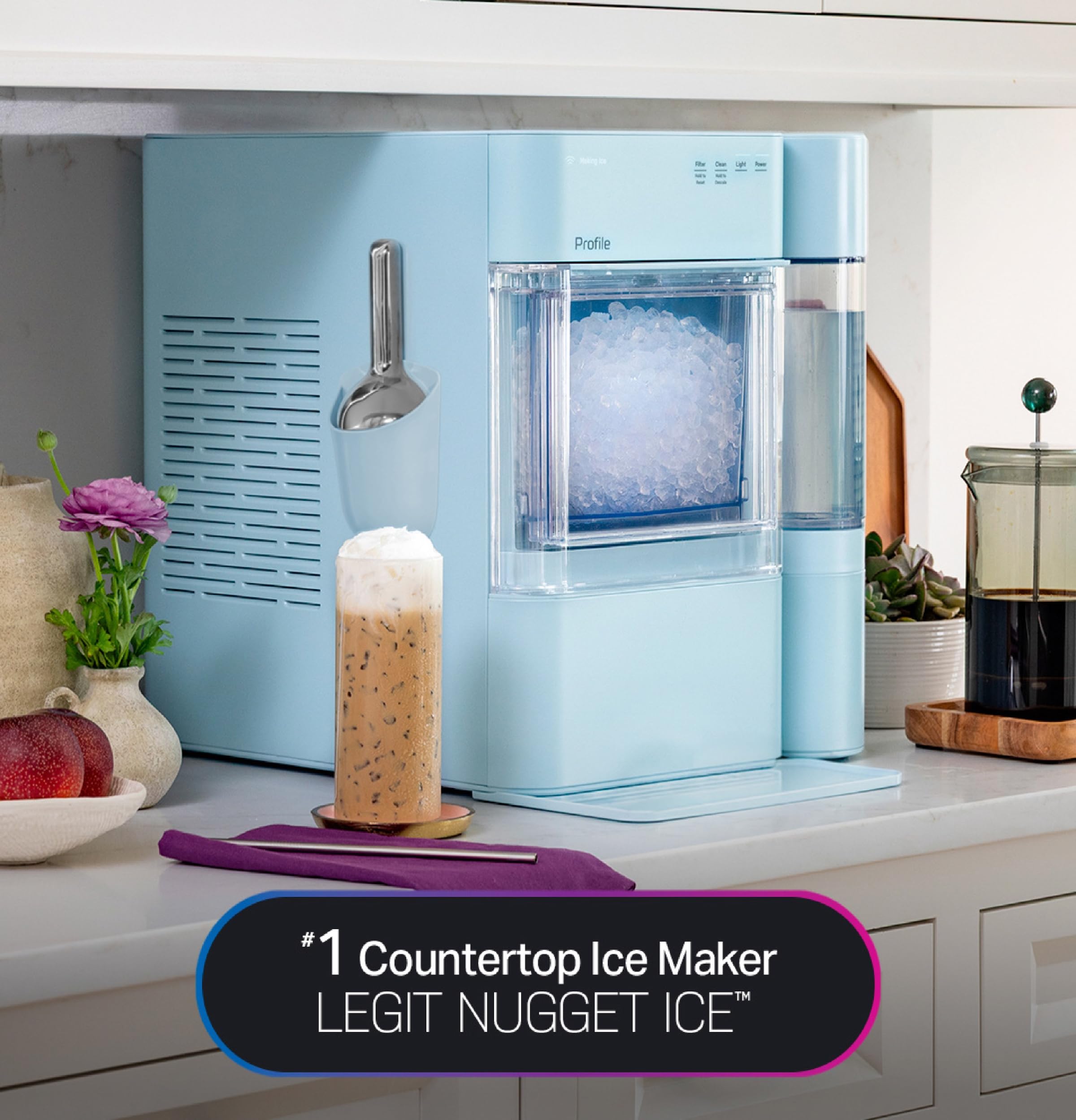 GE Profile Opal Ultra, Countertop Nugget Ice Maker, 1 Gal XL Side Tank, *Amazon Exclusive*, 38 lbs/Day, Pebble Pellet Crushed Ice Machine, WiFi Black Stainless Steel