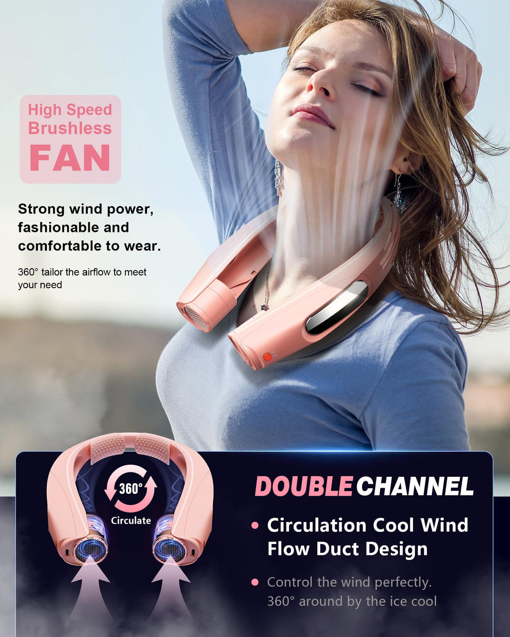 ZEEFO Portable Neck Fan, Hands Free Personal Fan- 6000mAh Battery Operated, USB Rechargeable Fan with 6 Adjustable Speeds, Cooling Wearable Fan for Home, Office, Outdoor, Trave-White