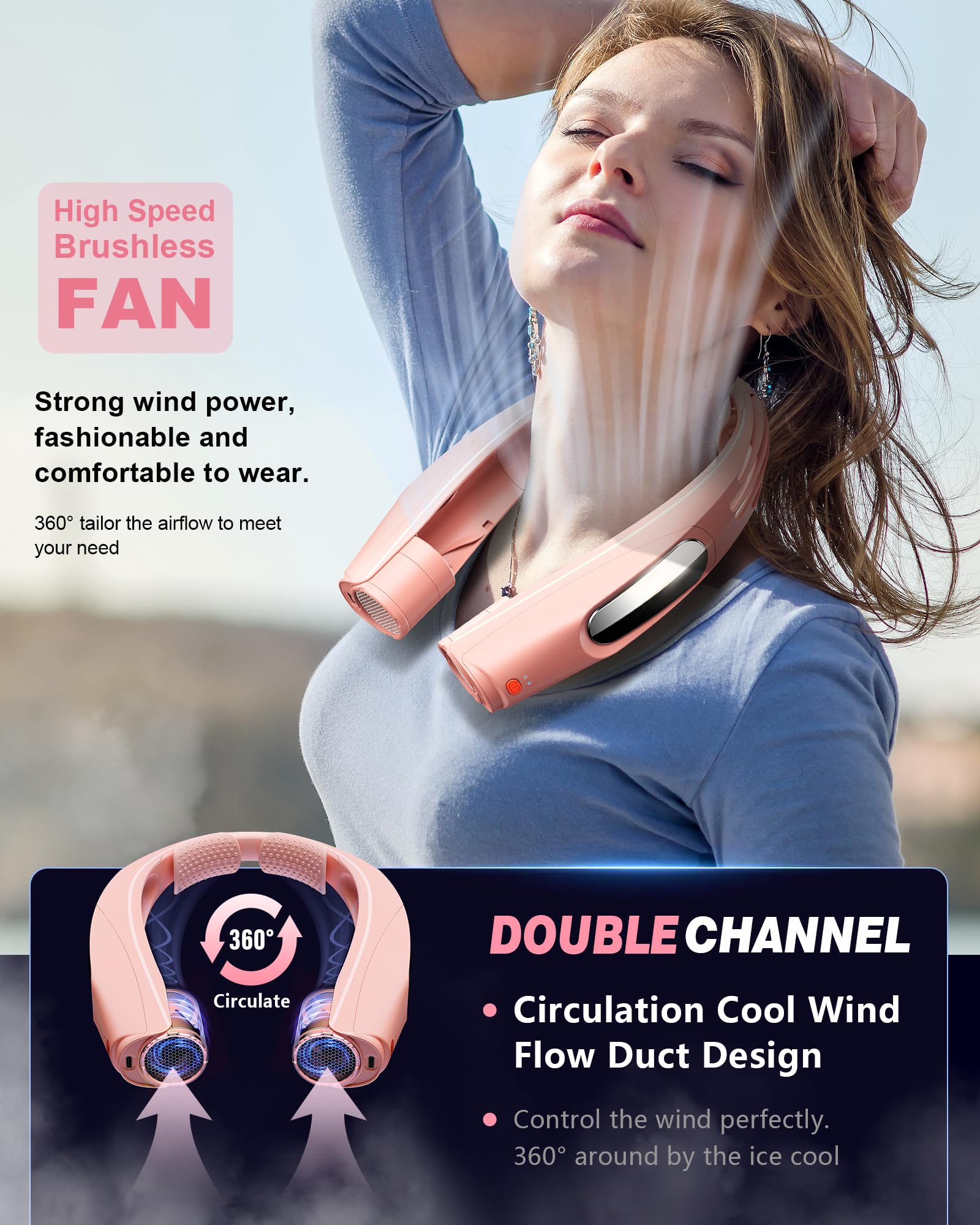 ZEEFO Portable Neck Fan, Hands Free Personal Fan- 6000mAh Battery Operated, USB Rechargeable Fan with 6 Adjustable Speeds, Cooling Wearable Fan for Home, Office, Outdoor, Trave-White