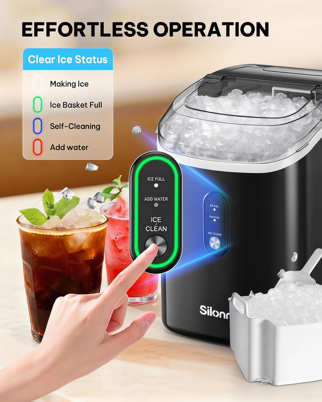 Silonn Nugget Ice Maker Countertop, Pellet Ice Machine with Self-Cleaning Function, Sonic Ice Maker Produces 36lbs of Chewable Ice in 24 Hours, Ideal for Home Kitchen and Office (Black)