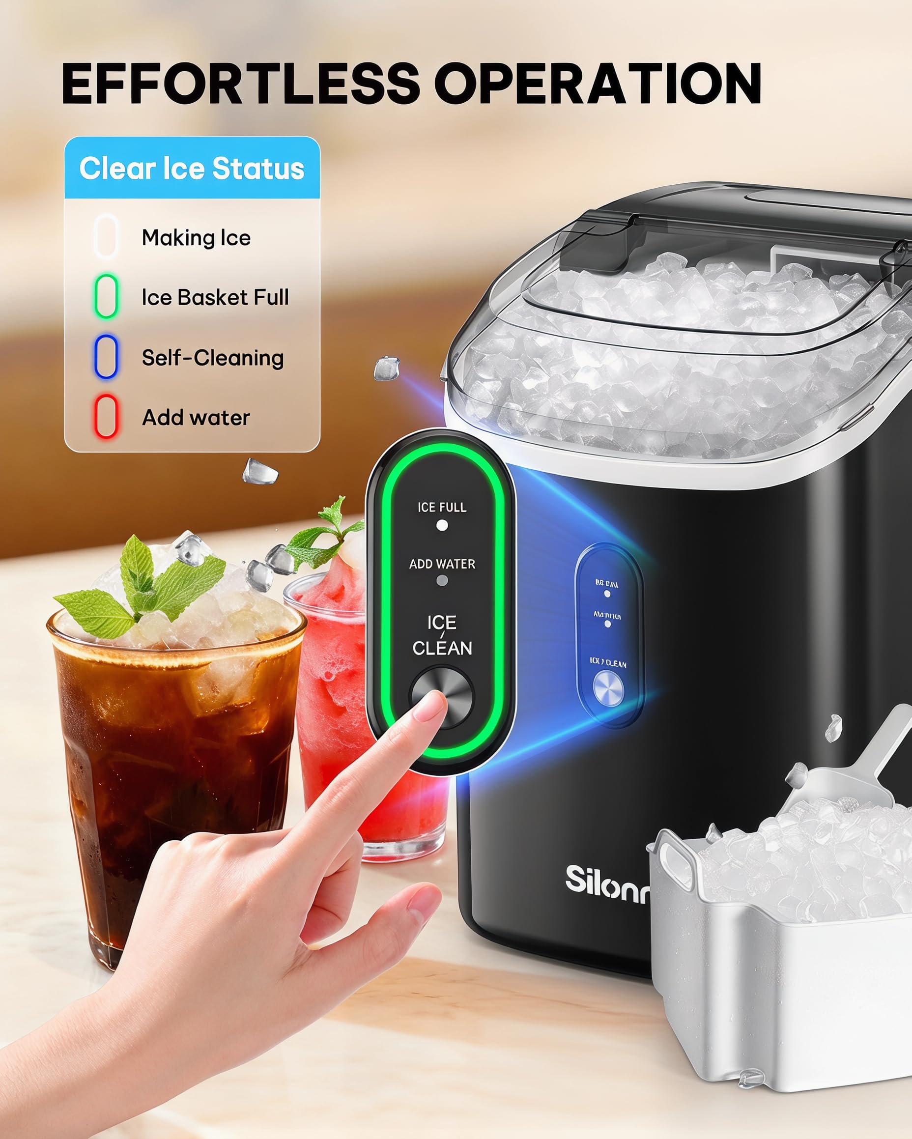 Silonn Nugget Ice Maker Countertop, Pellet Ice Machine with Self-Cleaning Function, Sonic Ice Maker Produces 36lbs of Chewable Ice in 24 Hours, Ideal for Home Kitchen and Office (Black)