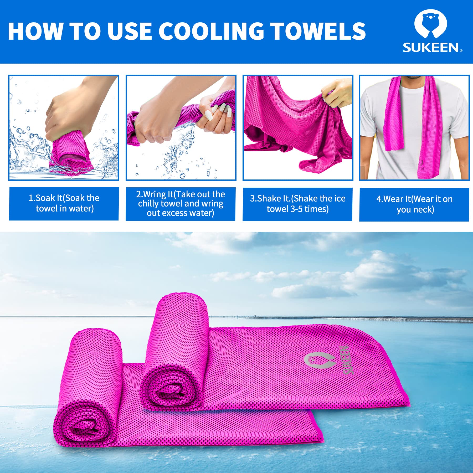 Sukeen Cooling Towel (40"x12") for Neck & Head - Soft Breathable Chilly Sweat Towel for Yoga, Golf, Gym, Camping, Running, Workout & More Activities